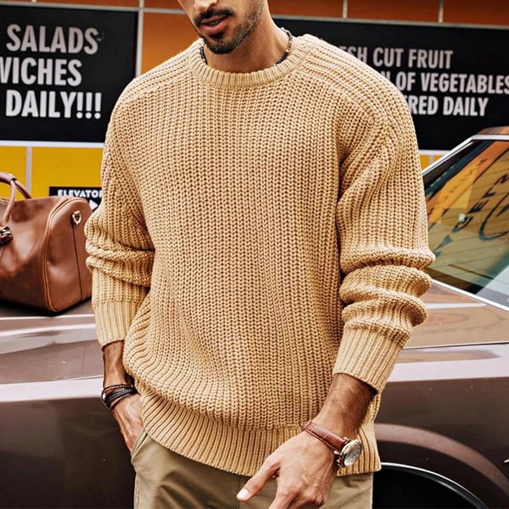 Men's Solid Color Long Sleeve Round Neck Fashion Sweater Loose Retro Sweater by GJG Denim