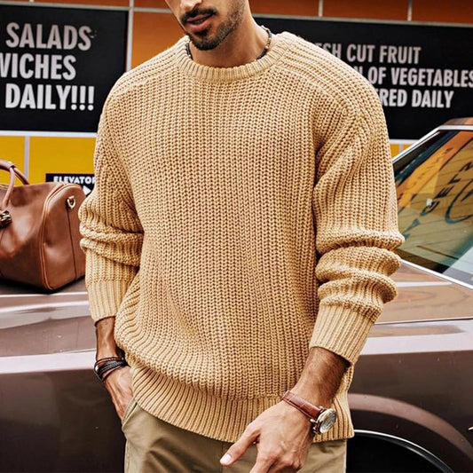 Men's Solid Color Long Sleeve Round Neck Fashion Sweater Loose Retro Sweater by GJG Denim