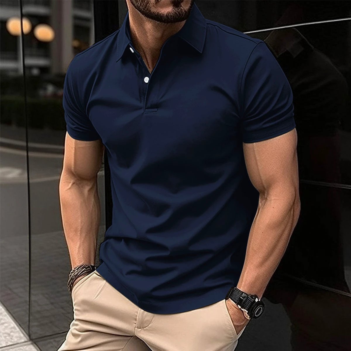 Short Sleeve Polo Shirt Men Solid Color Button Lapel Button Top by GJG Denim
