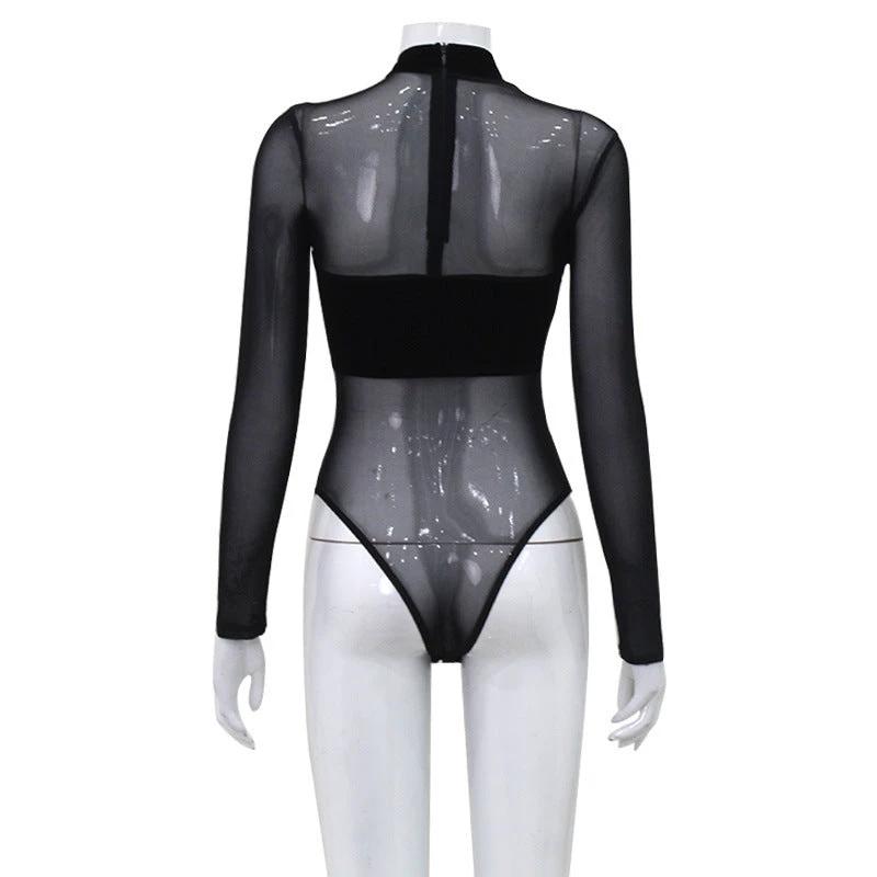 Mesh Velvet Stitching Sexy Hollow-out Tight Long Sleeve Hip Training Pants by GJG Denim
