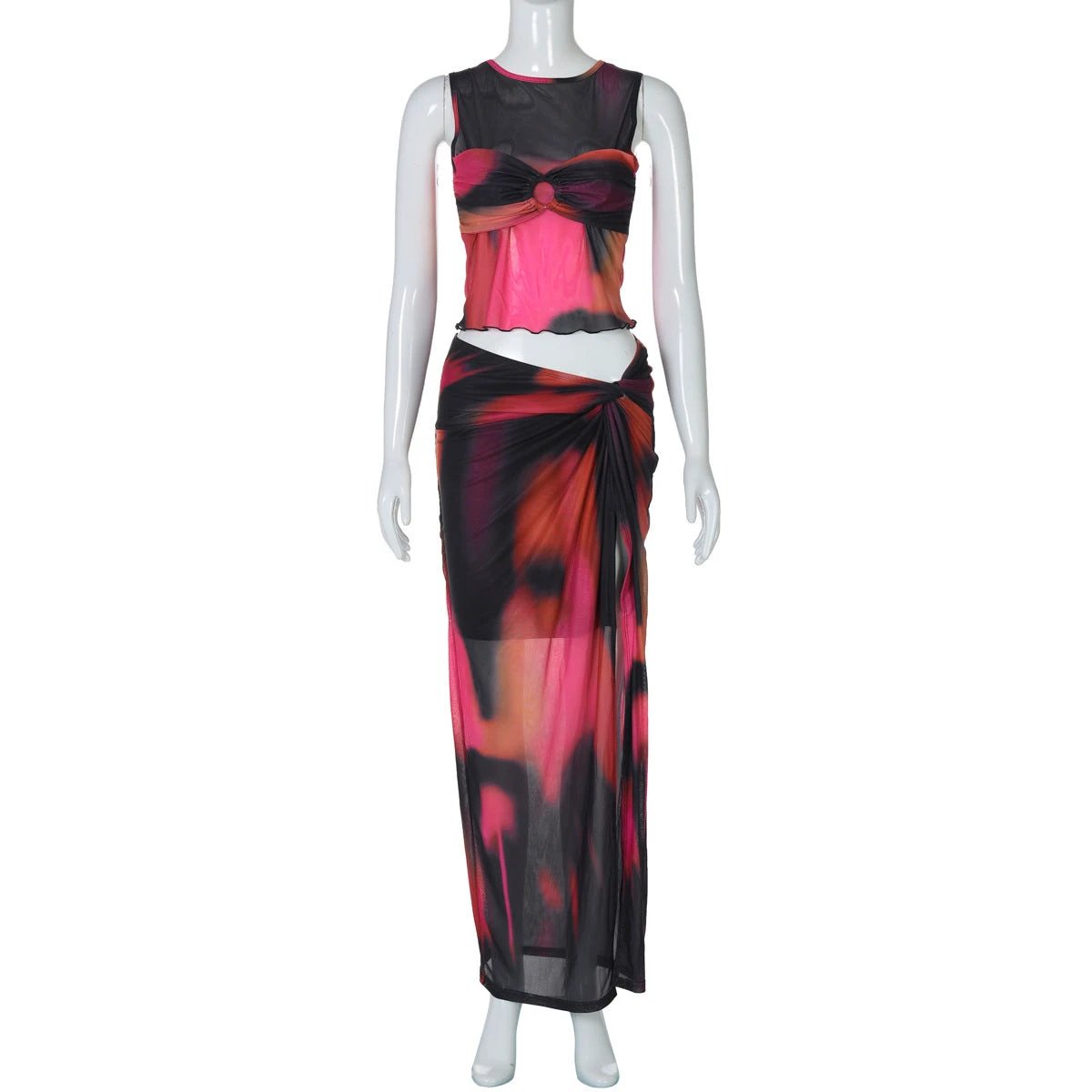 Women's Sleeveless Printed Mesh Half-length Long Dress Suit by GJG Denim