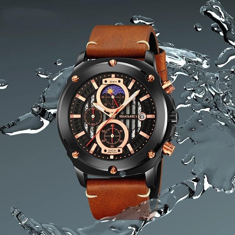 Men's Fashion Trend Leather-belt Three Eyes And Six Needles Quartz Watch by GJG Denim