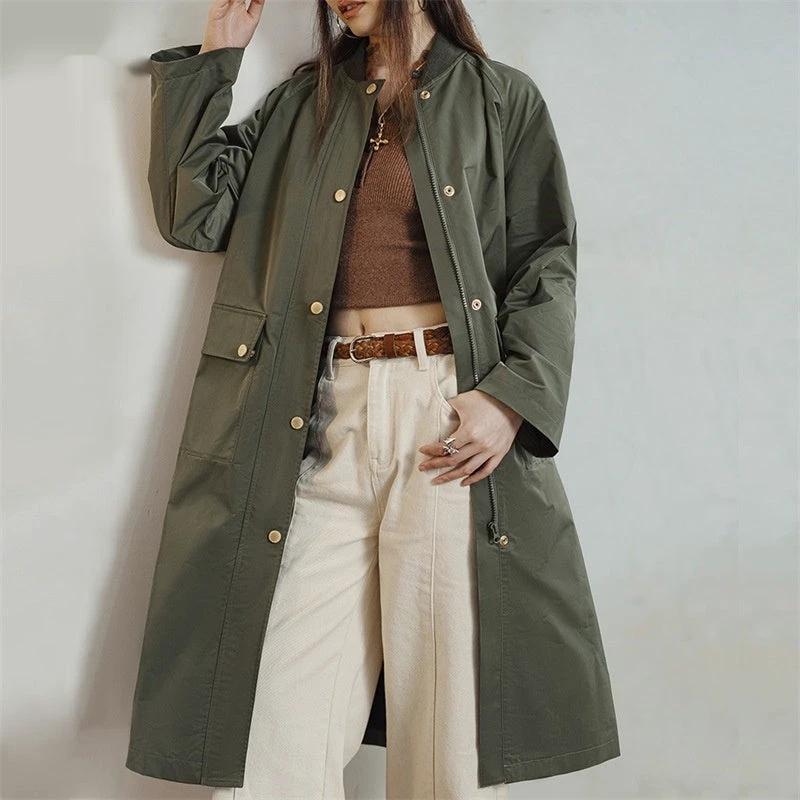 Retro Olive Green Trench Coat Mid-length Loose Women by GJG Denim