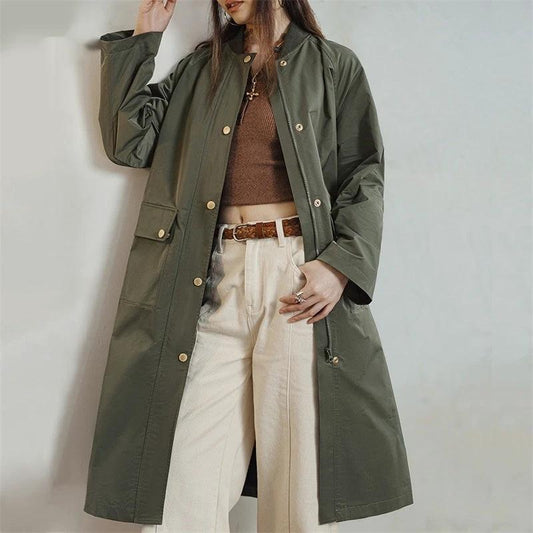 Retro Olive Green Trench Coat Mid-length Loose Women by GJG Denim