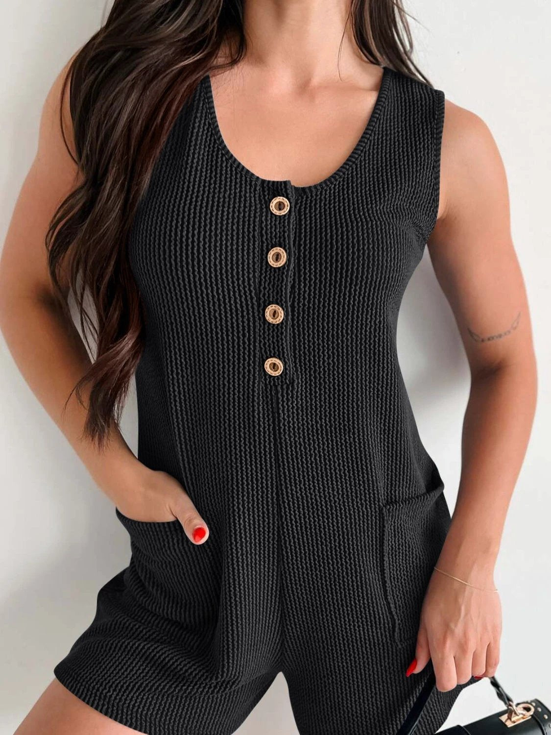 Lovelet Texture Wide Strap Romper with Pockets by Lady Ros