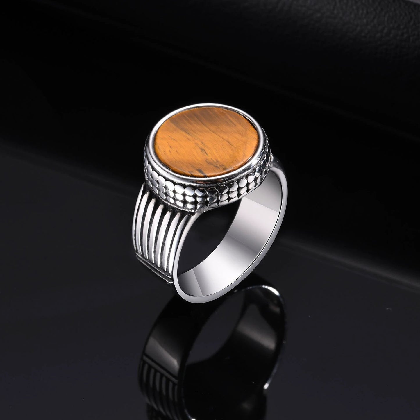Stainless Steel Men's Tiger Eye Stone Cast Ring Vintage Style