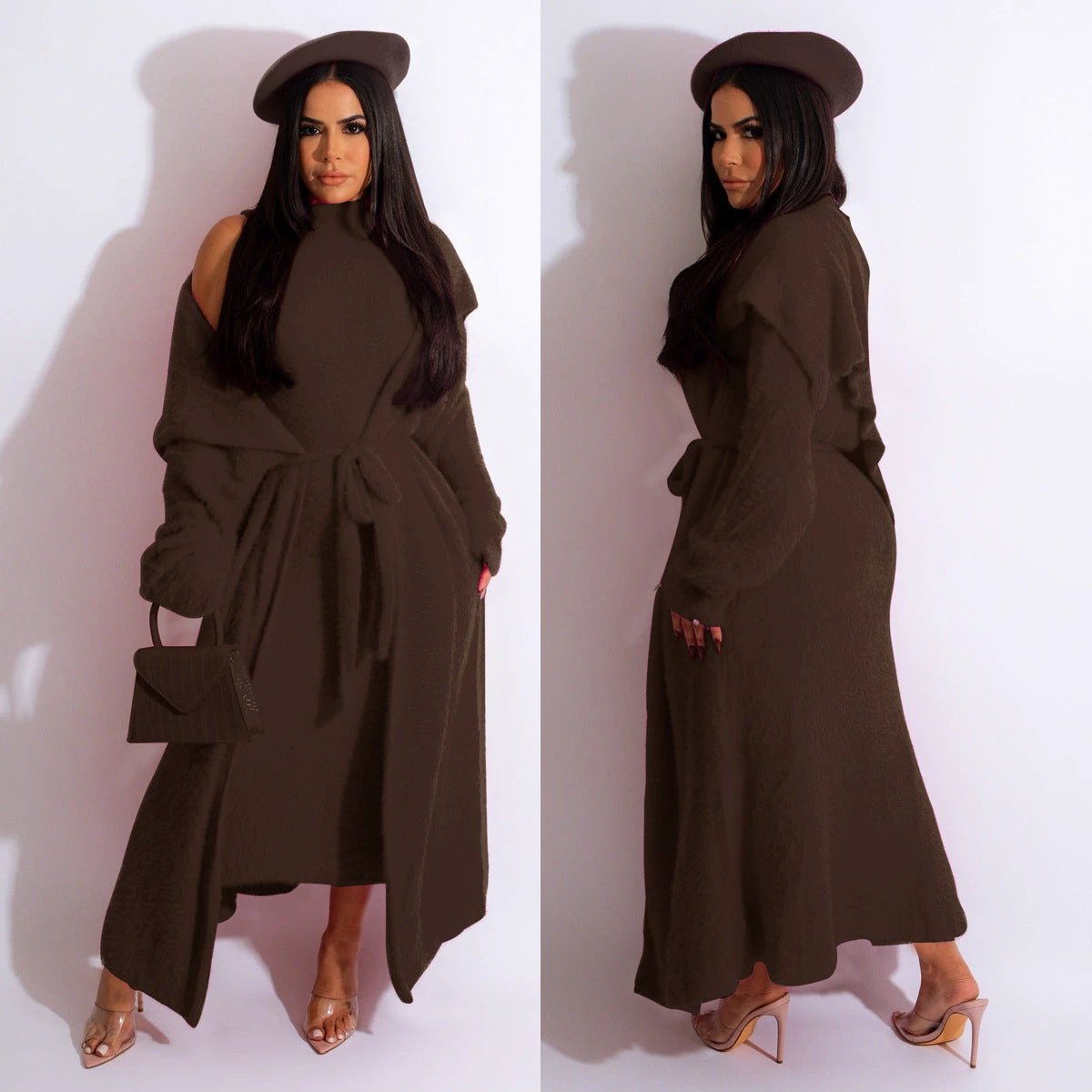 Autumn And Winter Elegant Dress Long Cardigan Velvet Two-piece Suit by GJG Denim
