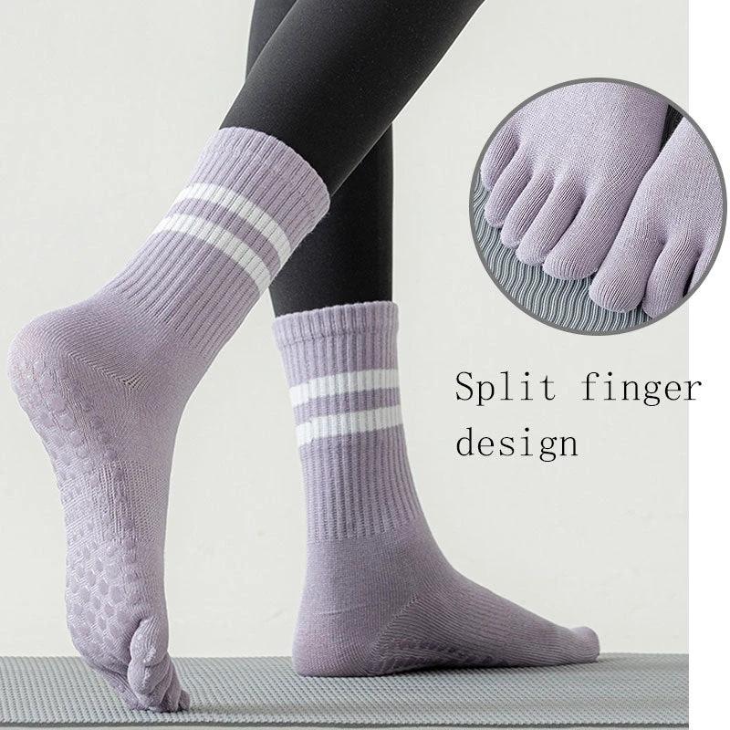 8 Pairs Women's Professional Non-slip Sports Yoga Running Fitness Multi-functional Mid-calf Solid Color Five-finger Dot Rubber Socks by GJG Denim