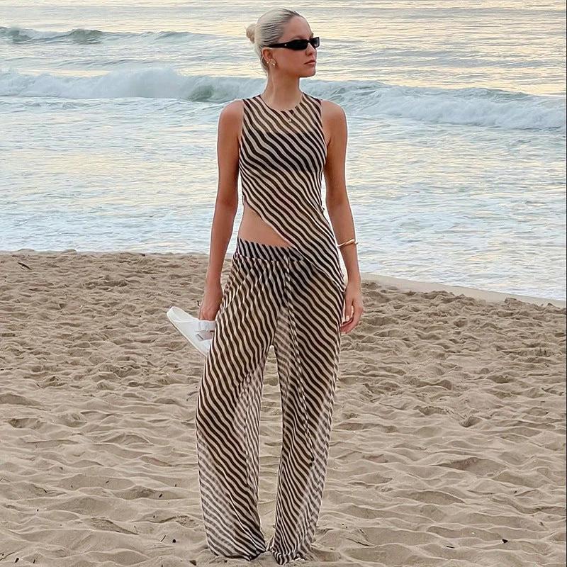 Women's Sleeveless Diagonal Stripes See-through Irregular Top Suit by GJG Denim