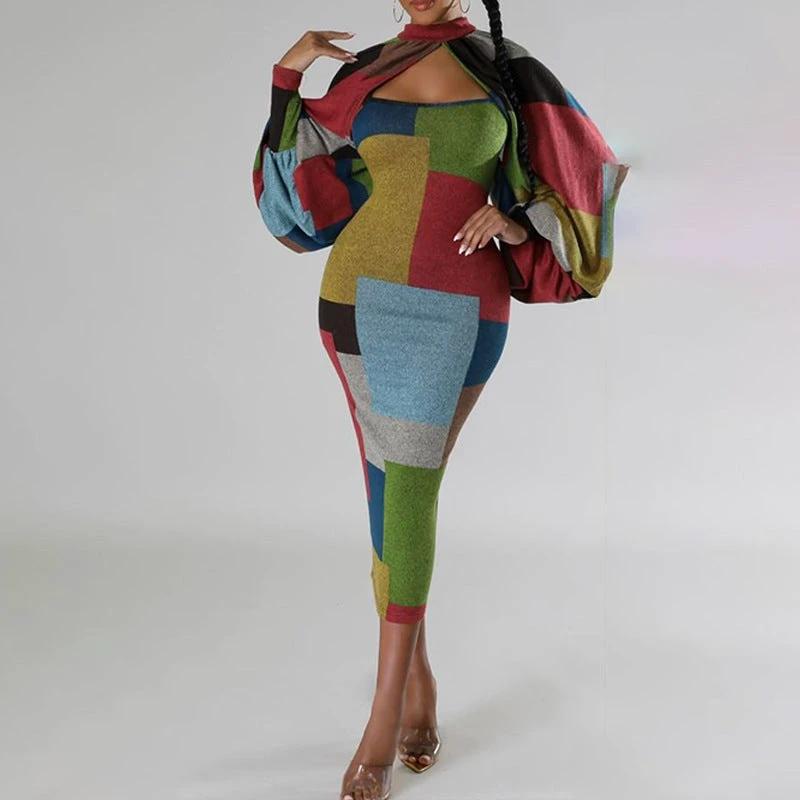 New Fashion Stitching Printing Color Contrast Long Sleeve Plus Size Dress by GJG Denim
