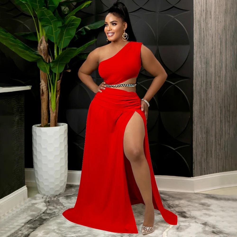 Solid-color Off-the-shoulder Sexy Bodycon Two-piece Set by GJG Denim