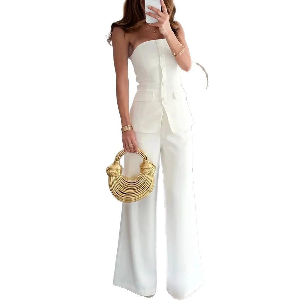 Off-shoulder Sleeveless Single-breasted Slim-fitting Straight Pants Suit by GJG Denim