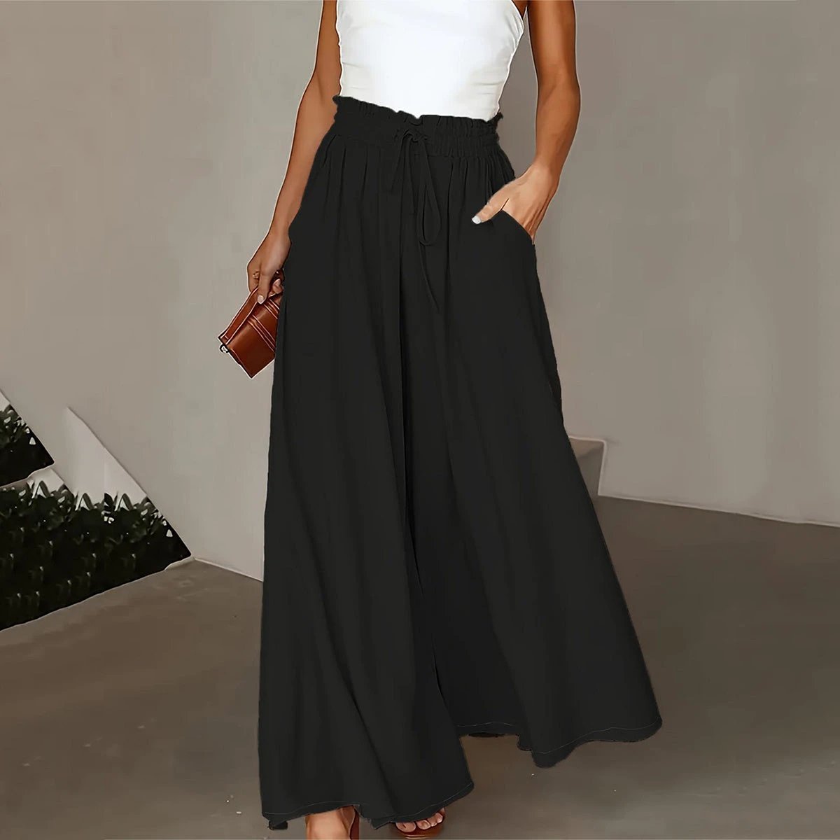 Plus Size Wide Leg Pants - Stylish Solid Paper Bag Waist Design, Elegant Pocket Tie Front, Loose Fit For Comfort, Perfect For Spring & Summer, Women's Fashionable Clothing For Curvy Figures by GJG Denim