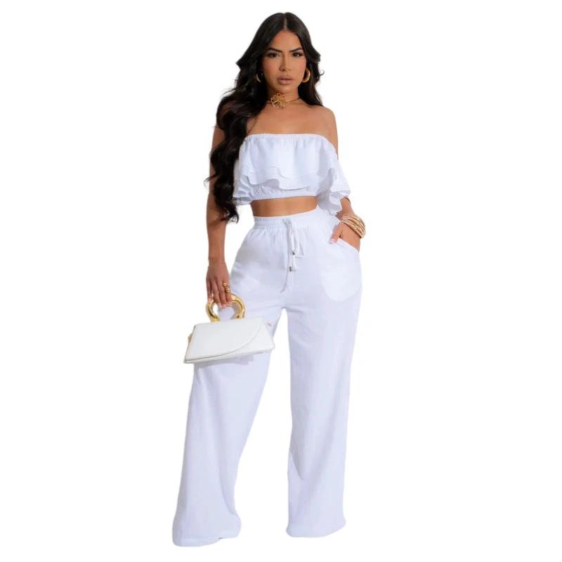 Off-shoulder Ruffled Short Top And Wide-leg Long Pants Set by GJG Denim