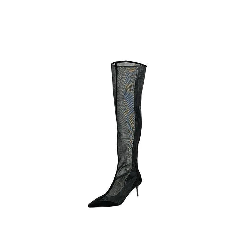 Fashion Pointed Transparent Mesh High Leg Boot Back Zipper Breathable Stiletto Heel Sandal Boots by GJG Denim