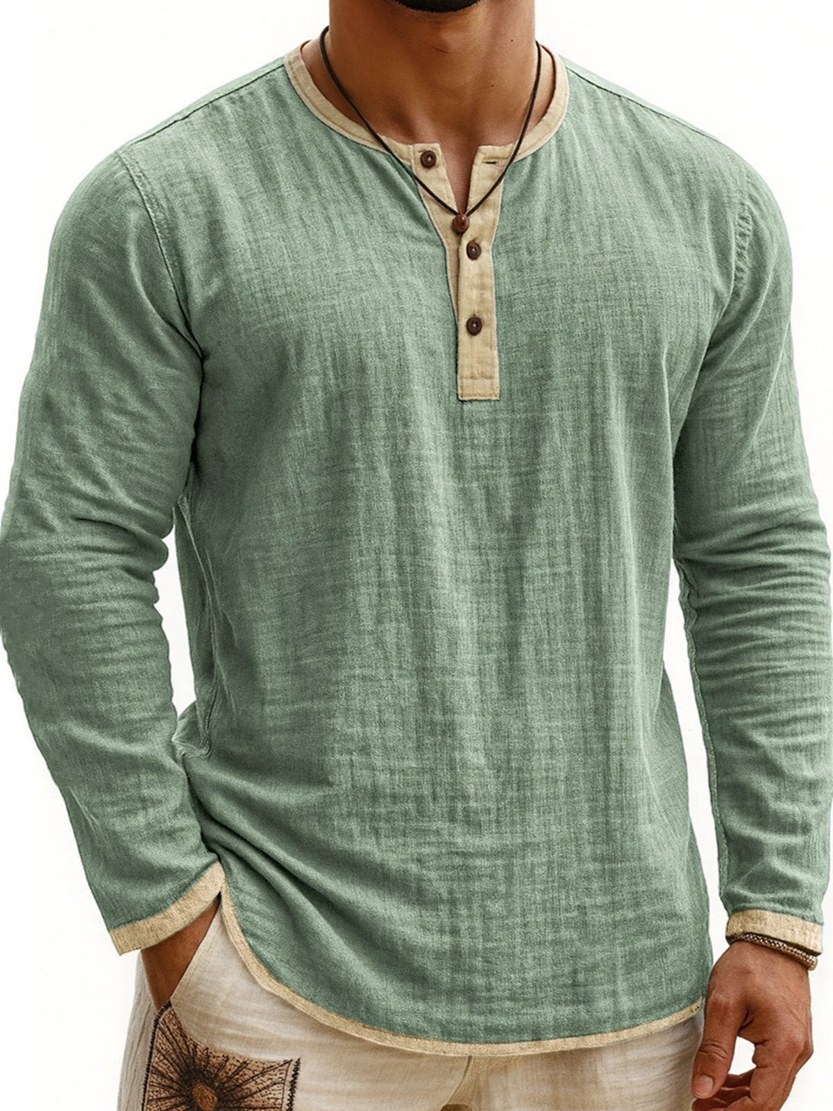 Men's Two-tone Henley Shirt 3-button Casual Long Sleeve Shirt by GJG Denim