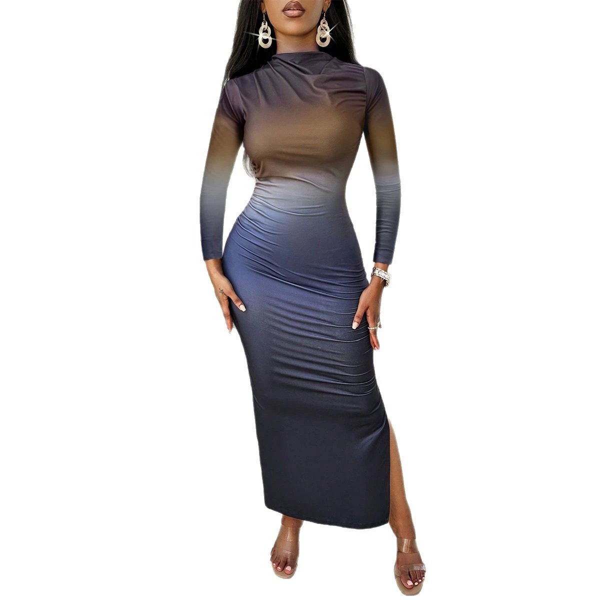 Slim-fit Contrast Colors Blooming Mid-length Sheath Long Sleeve Dress by GJG Denim