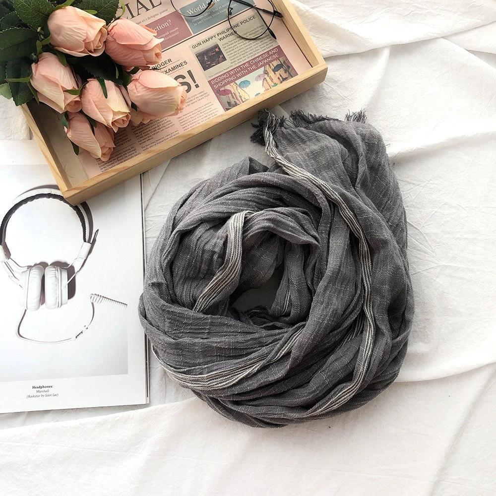 Thin Striped Solid Color Cotton And Linen Scarf by GJG Denim