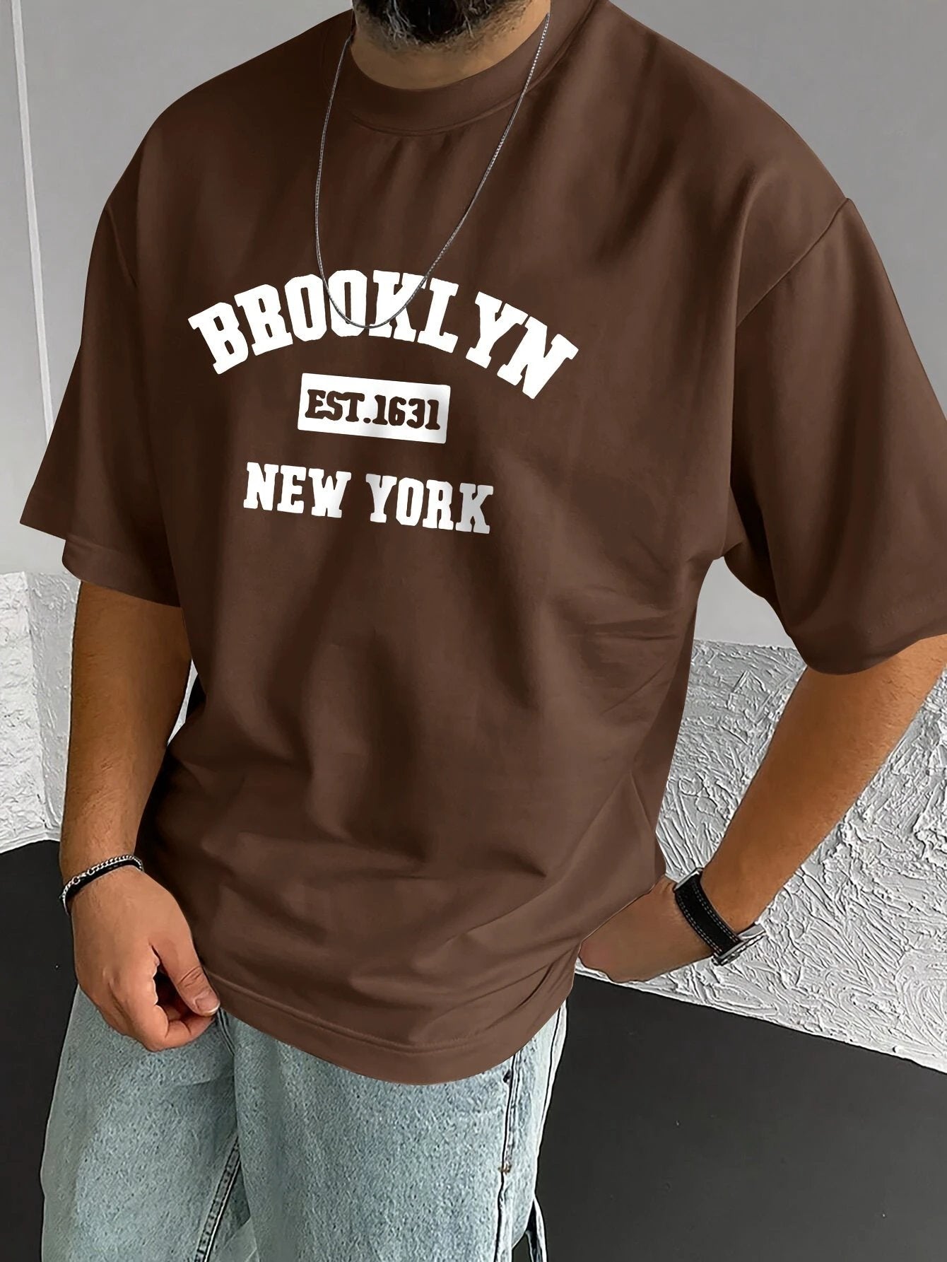 Men's Summer Spring Brooklyn Fashionable Printed T-shirt, Casual Short Sleeved Fashionable Style T-shirt, Sporty New Casual Short Sleeved Top by GJG Denim