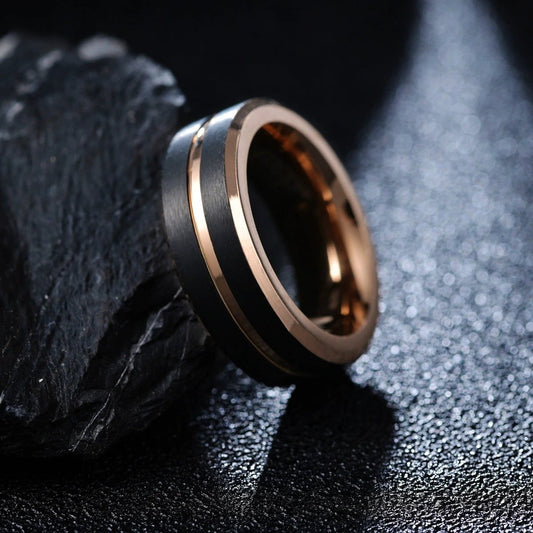 Men's Tungsten Steel Rose Gold Black Ring by GJG Denim