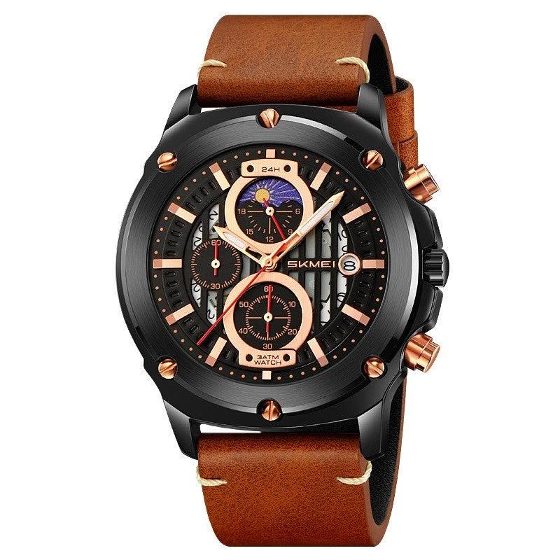 Men's Fashion Trend Leather-belt Three Eyes And Six Needles Quartz Watch by GJG Denim