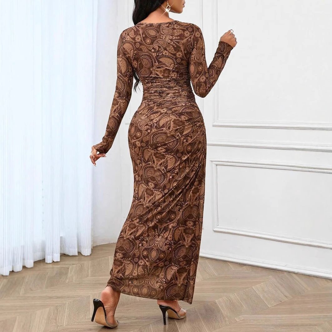Cashew Pattern Retro Fashion Elegant Graceful Long Sleeve Dress by GJG Denim