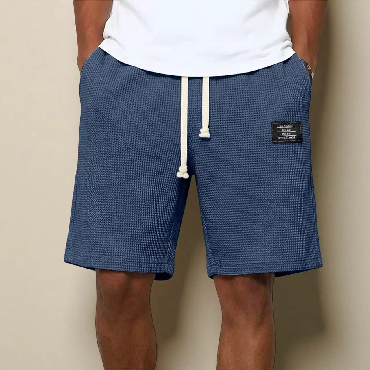 Men's Simple Waffle Knit Embroidered Casual Solid Color Shorts by GJG Denim