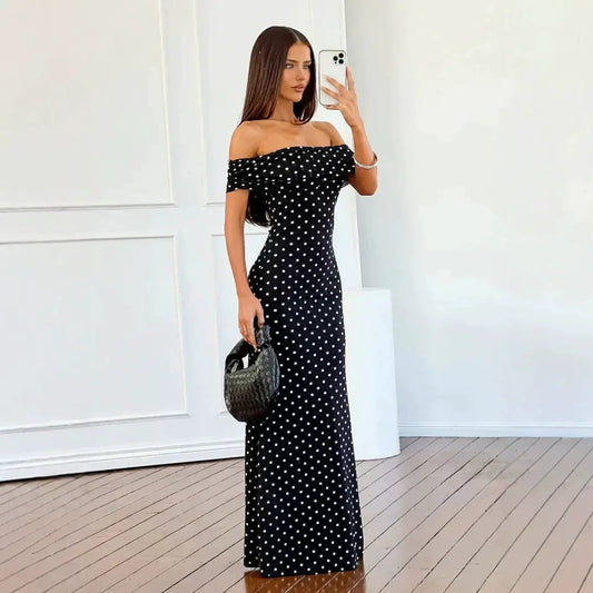 Fashionable Polka-dot Mesh Off-shoulder Backless Dress by GJG Denim