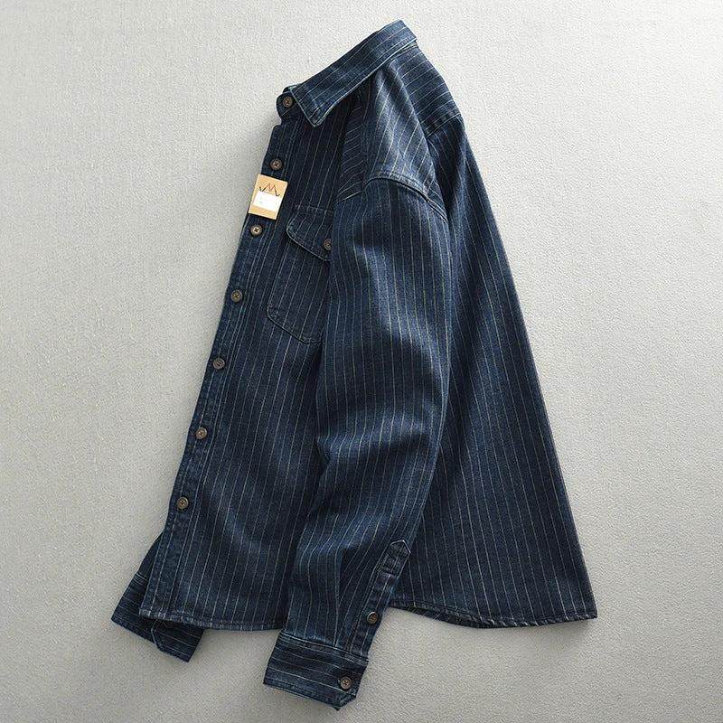 Striped Denim Shirt Men's Business Shirt Coat by GJG Denim