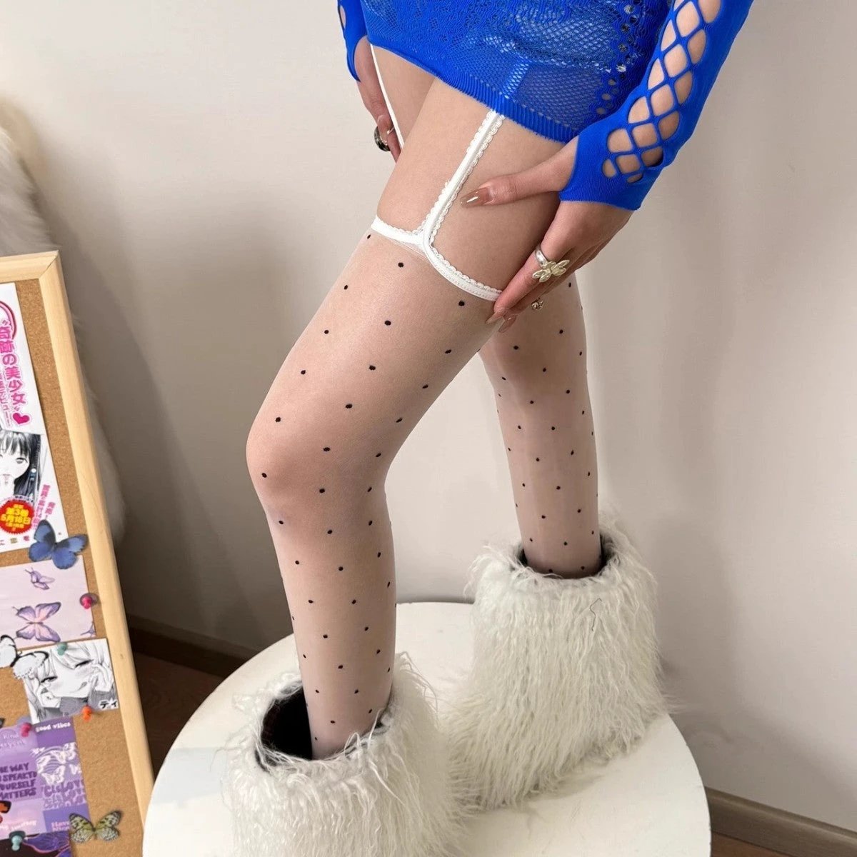 Aurora Polka Lace Shiny Suspenders Small Polka Dot Stockings by GJG Denim