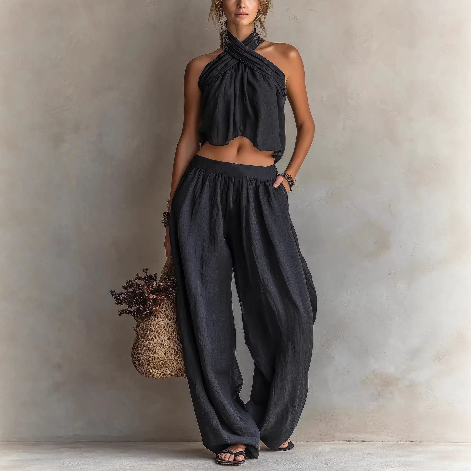 Womens Loose-Fit Sleeveless Top And Wide-Leg Pants Two-Piece Set by GJG Denim