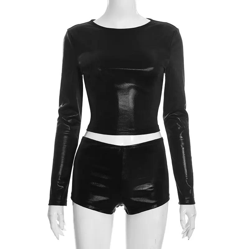 Womens Round-Neck Shiny Sheath Three-Quarter shorts Set by GJG Denim
