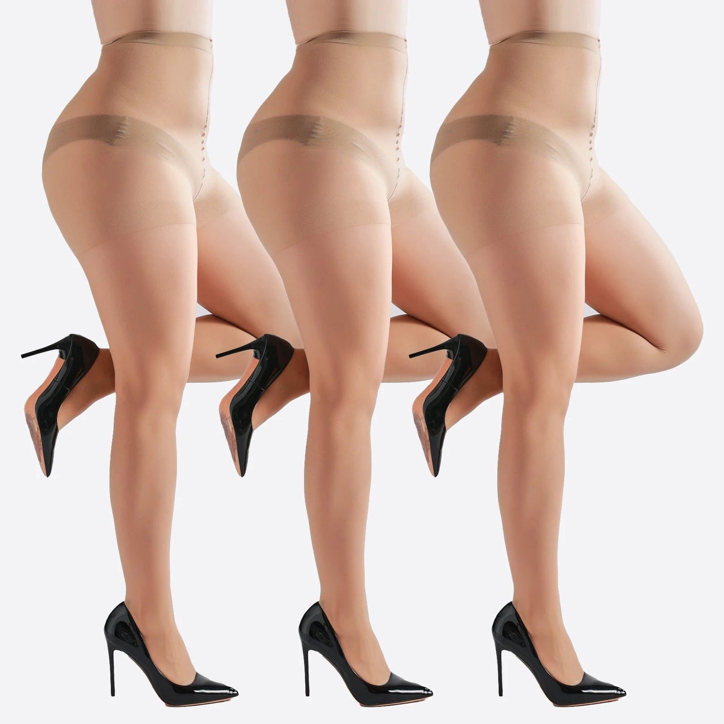3 Pairs Plus Size Womens Sheer Tights 20D High Waist Control Top Pantyhose With Reinforced Toes by GJG Denim