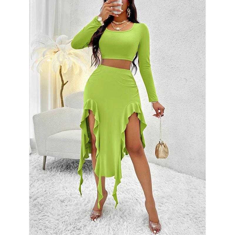 Women Summer 2 Piece Skirt Sets Long Sleeve Square Neck Crop Top Ruffle Trim Irregular Split Sexy Club Party Skirt Outfits by GJG Denim