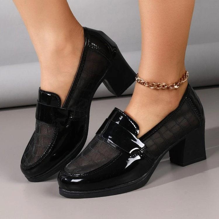2026 Summer Women's Mesh Breathable High Heels, Hollow Soft Leather Pumps, Mid-Heel Chunky Heel Office Shoes With Soft Sole by GJG Denim