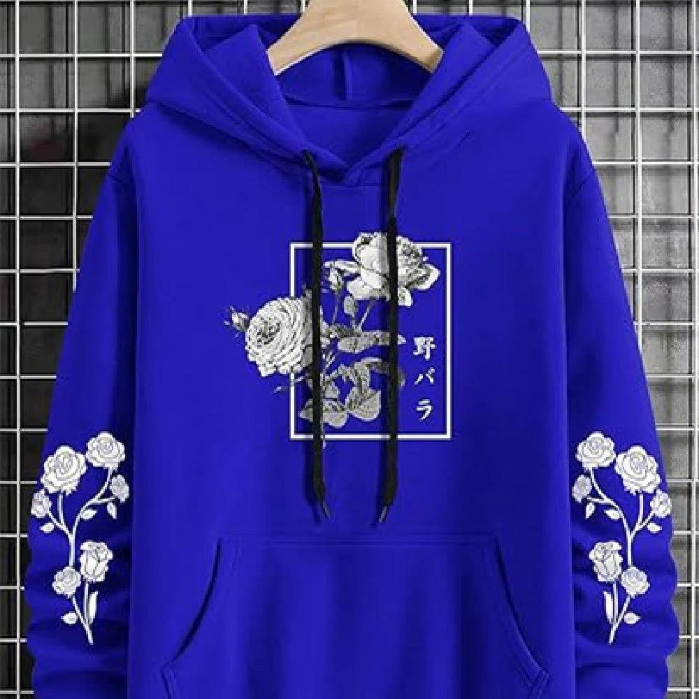 Men's Rose Print Casual Hooded Sweater by GJG Denim