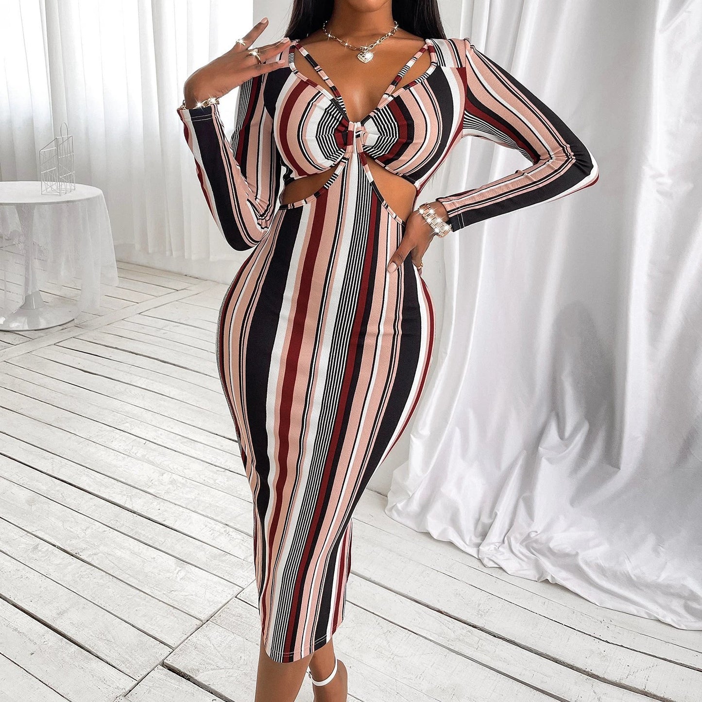 Women's Wrap Chest Striped Long Sleeve Dress by GJG Denim