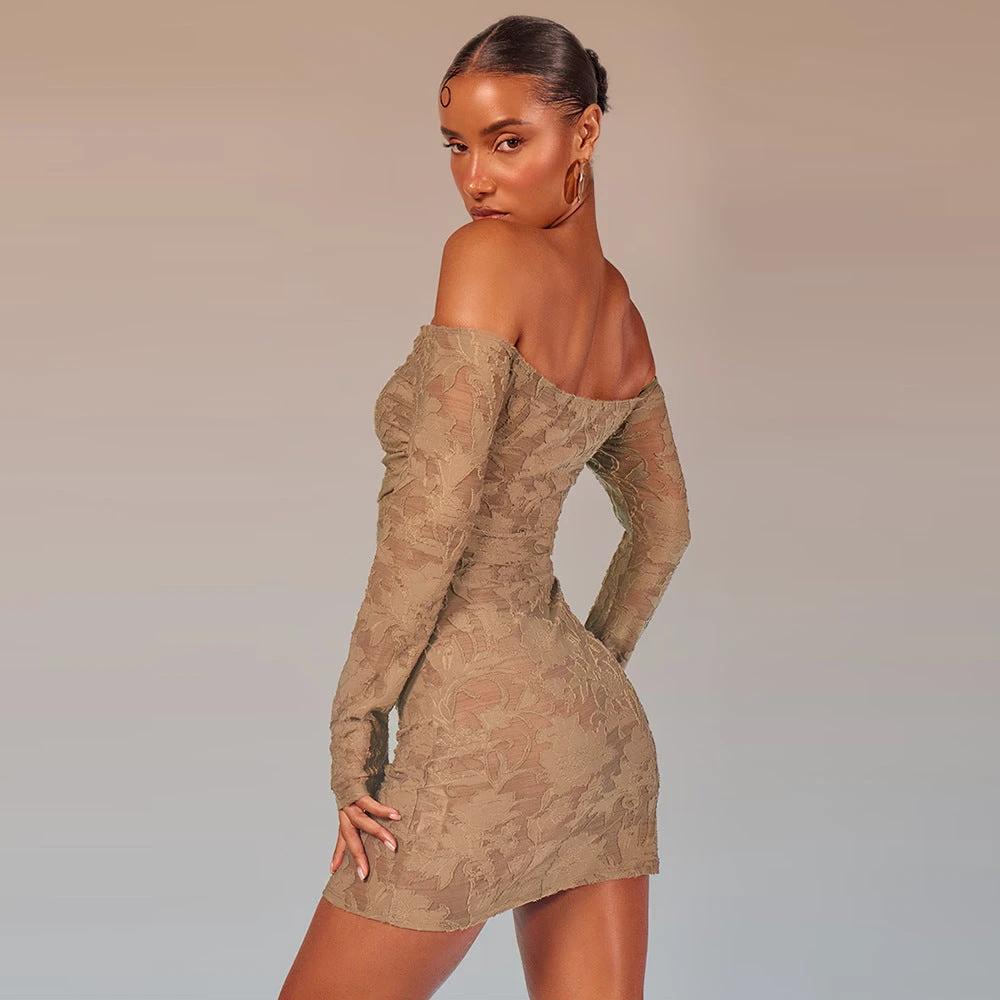 Women's Autumn High Elastic 3D Flower Cutout Backless Off-shoulder Long Sleeve Dress by GJG Denim