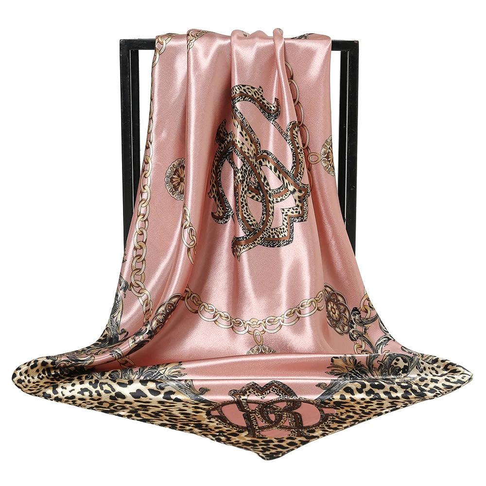 Leopard-print Chain Decorative Satin Scarf by GJG Denim