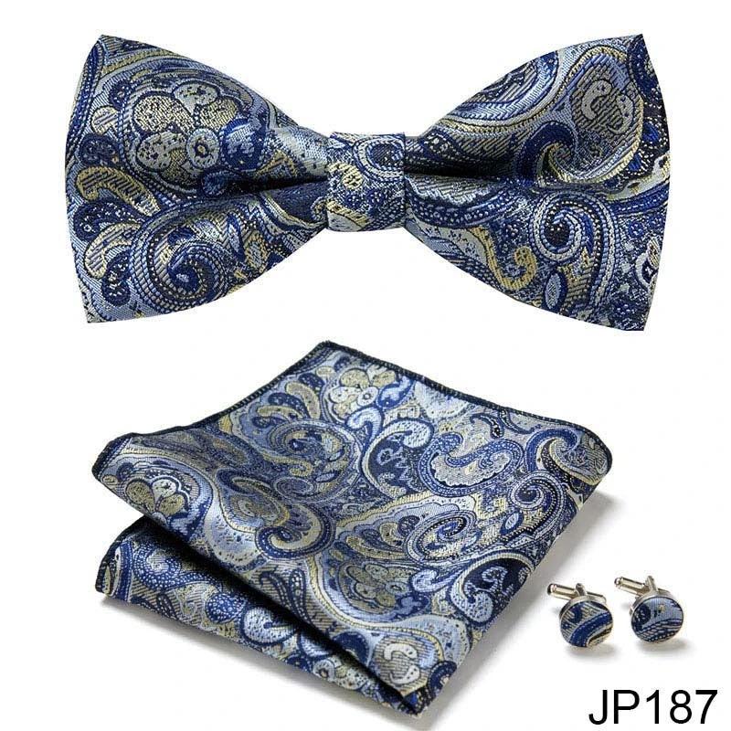 Men's Formal Bow Tie Handkerchief and Cuff links Set by GJG Denim