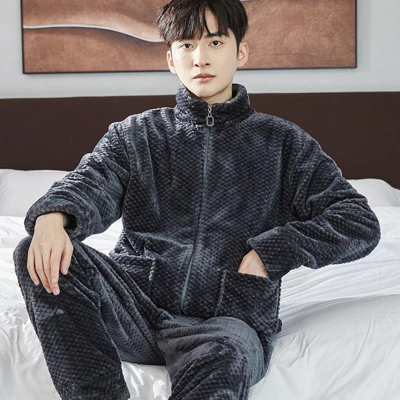 Pajamas Men's Jacquard Flannel Loose Fleece-lined Warm Loungewear by GJG Denim