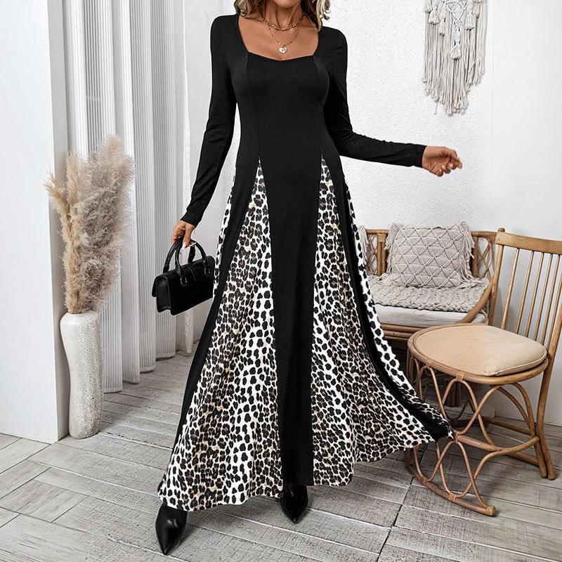 Elegant Retro Style Square Collar Long Sleeve Leopard Splicing Dress by GJG Denim
