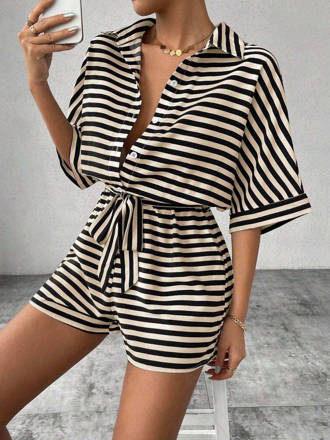 Tie Waist Half Button Striped Romper by VYSN