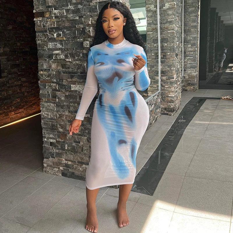 New Street Print Round Neck High Waist Pullover Long Sleeve Slim Wrap Buttock Long Dress For Women by GJG Denim