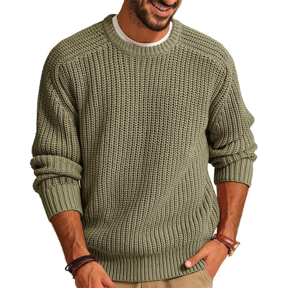 Men's Solid Color Long Sleeve Round Neck Fashion Sweater Loose Retro Sweater by GJG Denim