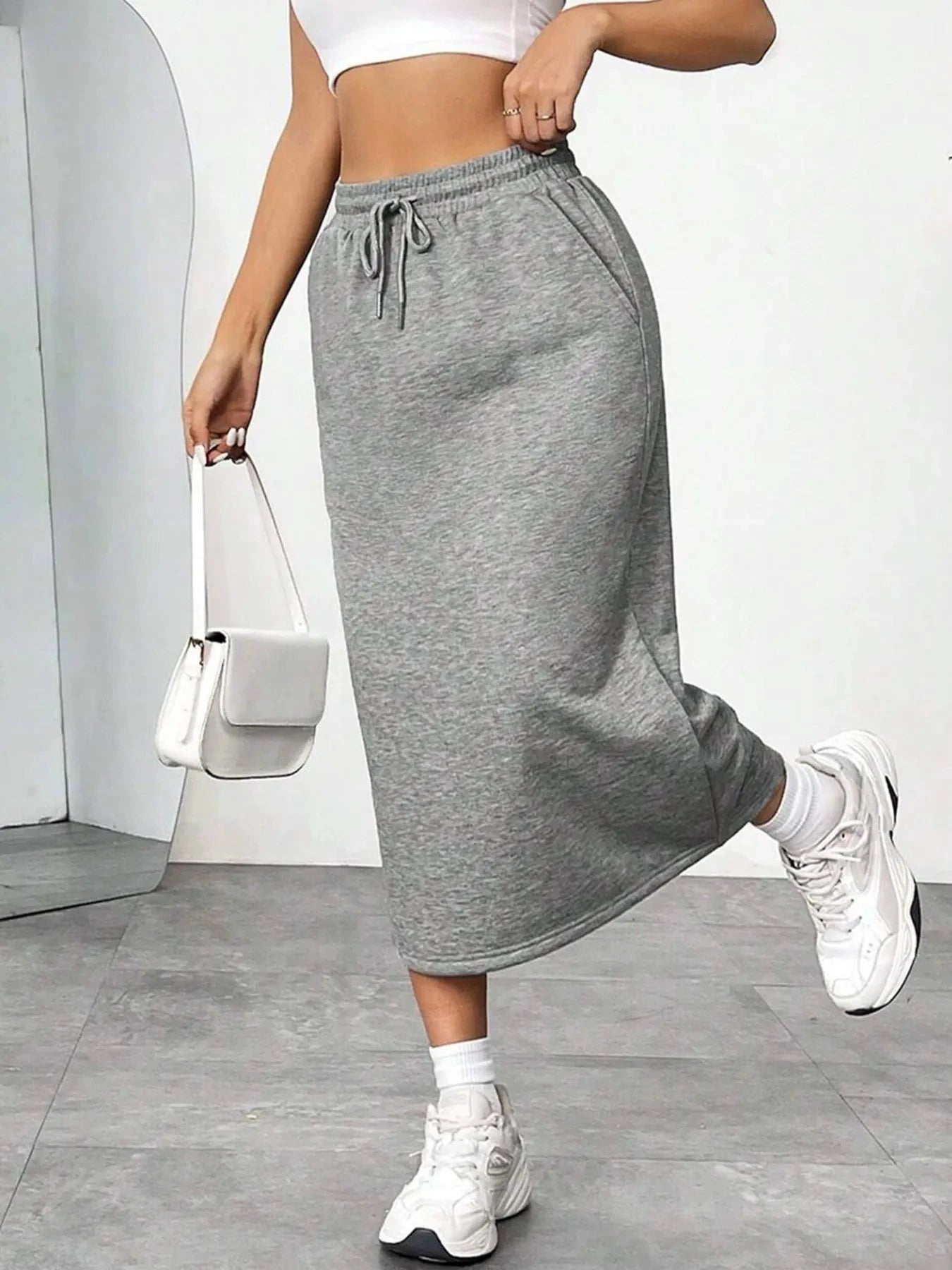 Slit Drawstring Midi Skirt by Lady Ros