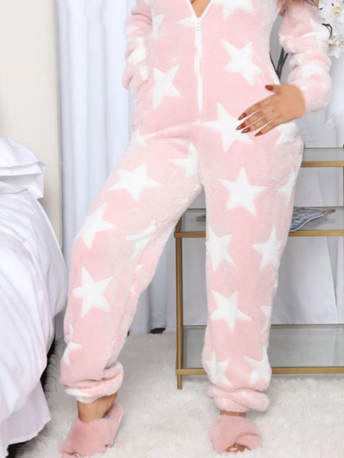Printed Zip Up Long Sleeve Hooded Lounge Jumpsuit by Lady Ros