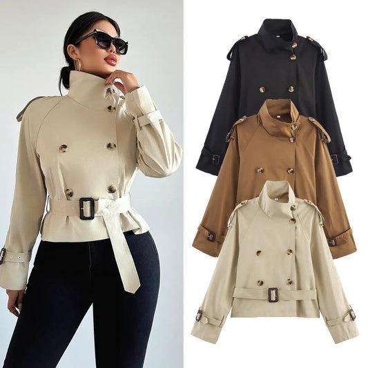 Notch-collar Short Trench Coat For Women With Belt Buckle Detailing by GJG Denim