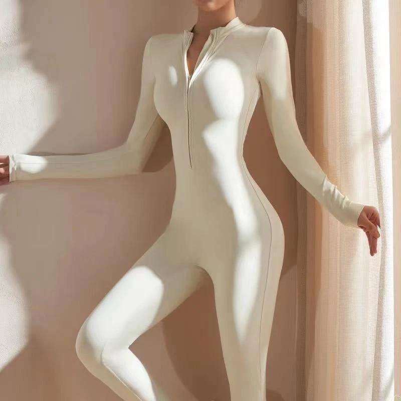 Long Sleeve Outdoor Sports Jumpsuit Workout Clothes Zipper Training Skinny Hip Raise Yoga Clothes by GJG Denim
