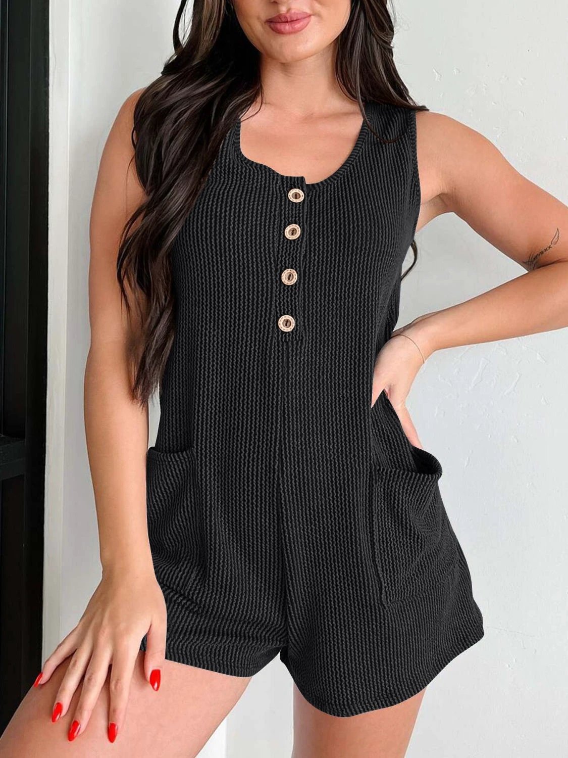 Lovelet Texture Wide Strap Romper with Pockets by Lady Ros